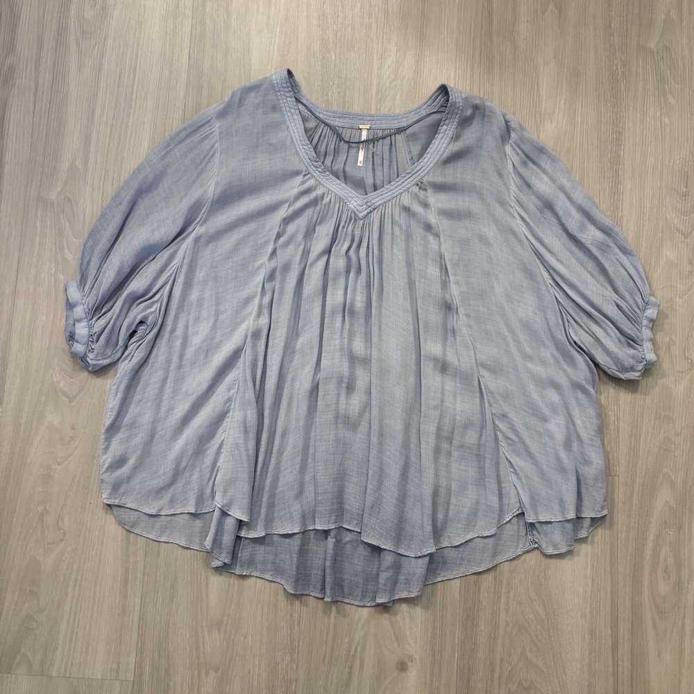 Free People Blouse Women Blue V Neck Gauze Pleated Top Tunic Hippie Size XS